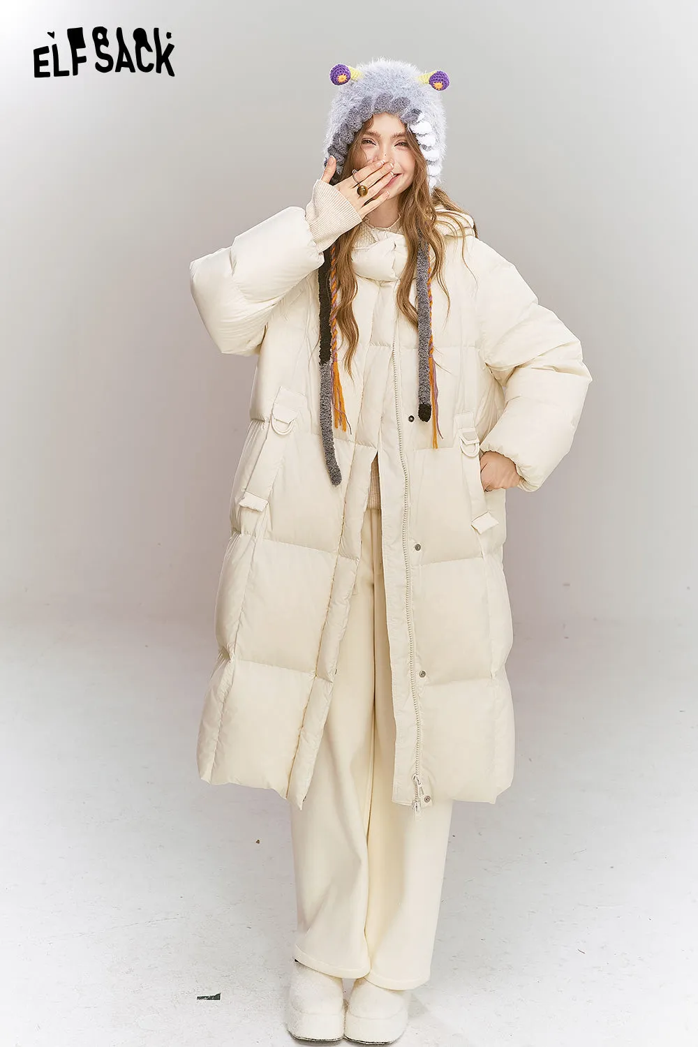 ELFSACK 2024 Winter New Arrivals Women's mid-length hooded down jacket with knitted hood and raglan sleeves for warmth