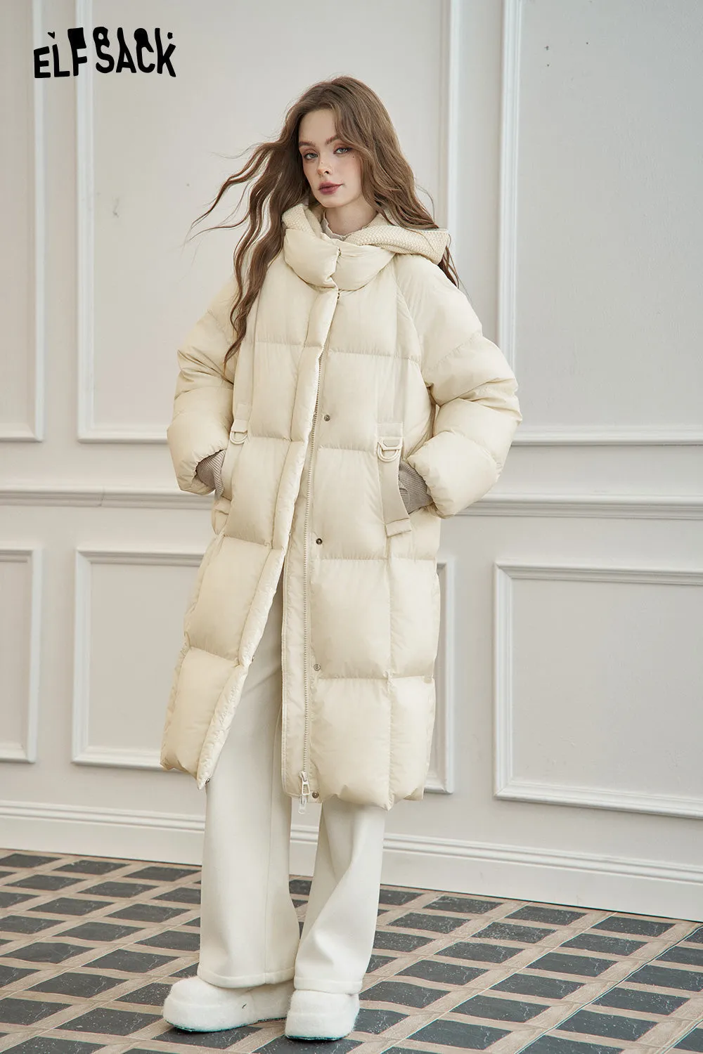 ELFSACK 2024 Winter New Arrivals Women's mid-length hooded down jacket with knitted hood and raglan sleeves for warmth