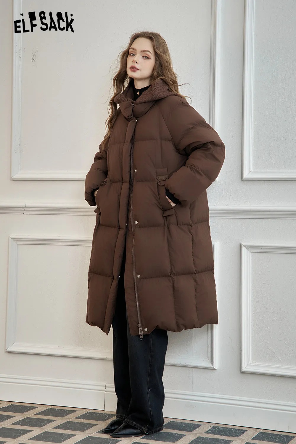 ELFSACK 2024 Winter New Arrivals Women's mid-length hooded down jacket with knitted hood and raglan sleeves for warmth