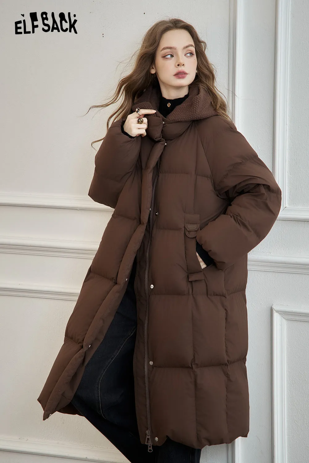ELFSACK 2024 Winter New Arrivals Women's mid-length hooded down jacket with knitted hood and raglan sleeves for warmth