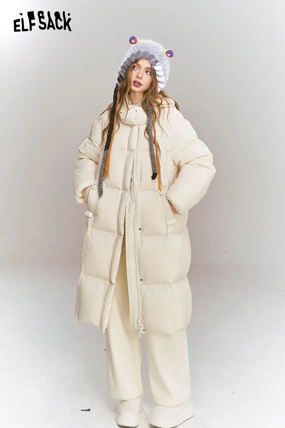 ELFSACK 2024 Winter New Arrivals Women's mid-length hooded down jacket with knitted hood and raglan sleeves for warmth