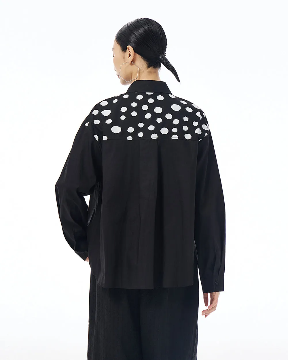 ellazhu Women's Long Sleeve Lapel Button Down Solid Color Polka Dot Loose Shirt GE40