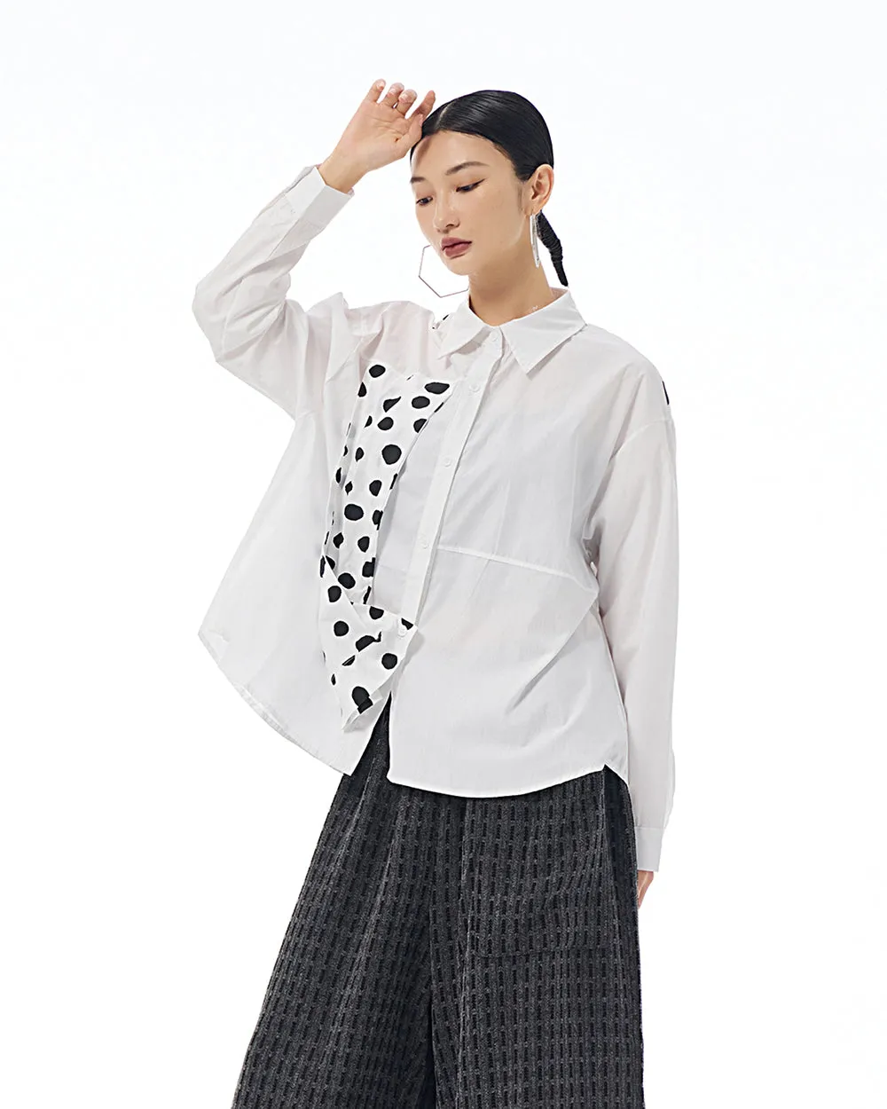 ellazhu Women's Long Sleeve Lapel Button Down Solid Color Polka Dot Loose Shirt GE40