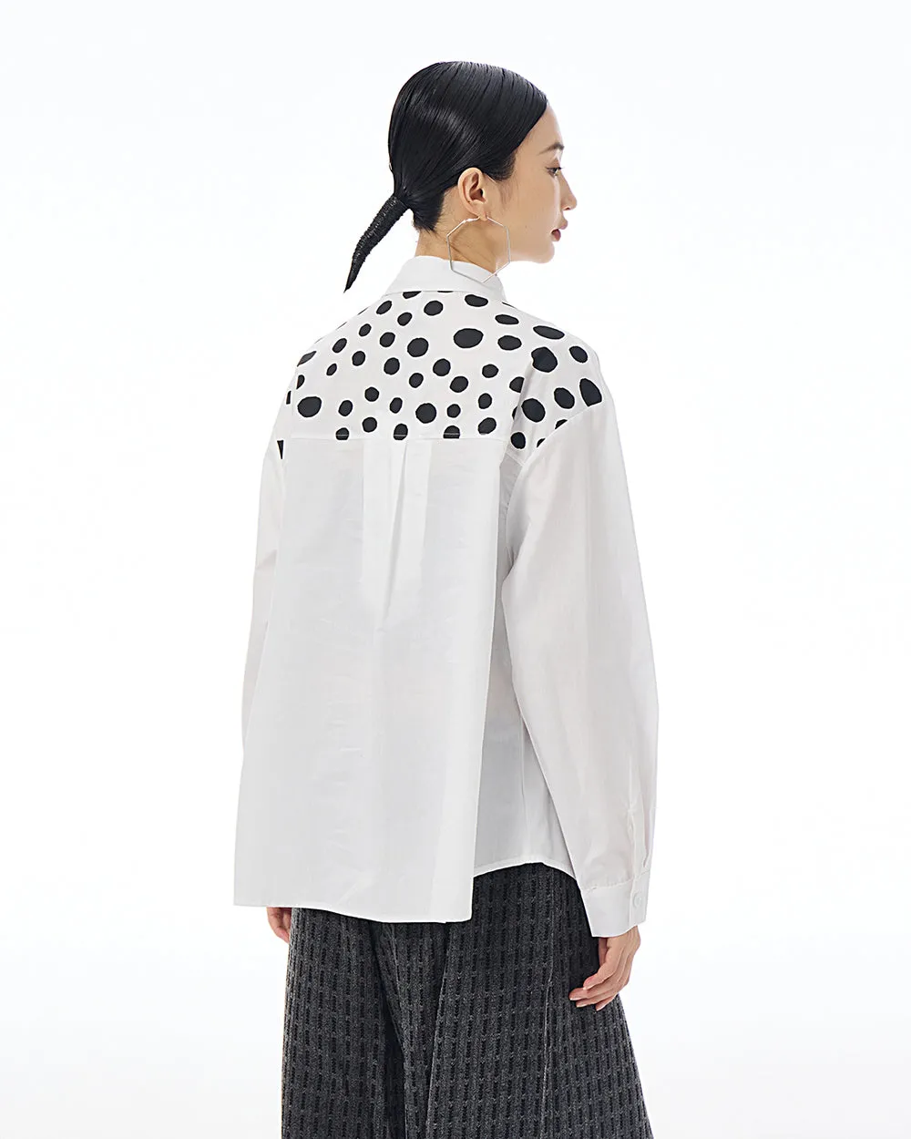 ellazhu Women's Long Sleeve Lapel Button Down Solid Color Polka Dot Loose Shirt GE40