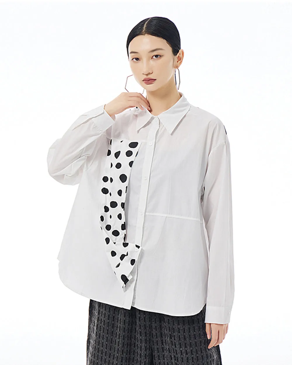 ellazhu Women's Long Sleeve Lapel Button Down Solid Color Polka Dot Loose Shirt GE40