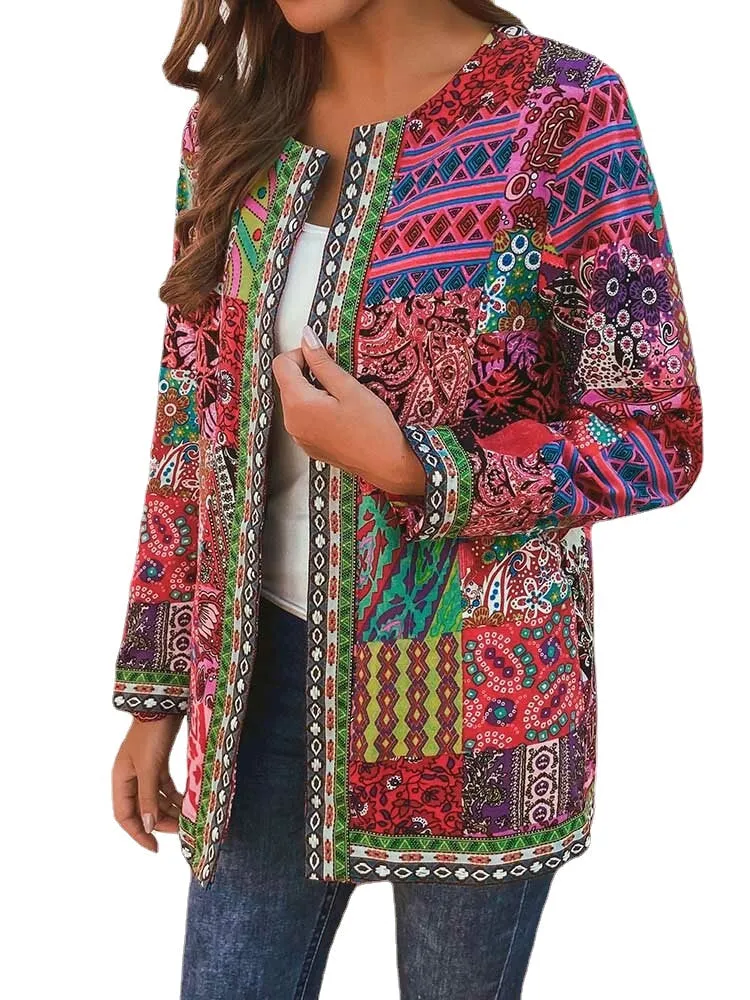 Ethnic Style Vintage Floral Printed Long Sleeve Coats For Women