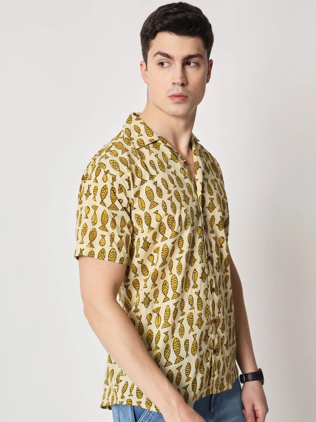 Firangi Yarn 100% Jaipuri Cotton Mustard Animal Pattern Cuban Collar Resort, Lounge Casual Shirt Yellow/Mustard
