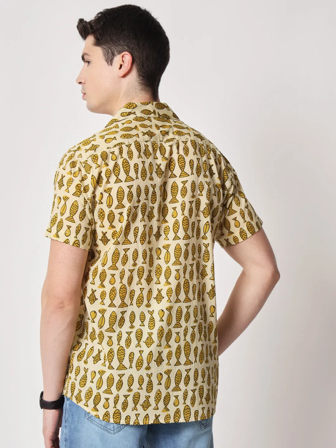 Firangi Yarn 100% Jaipuri Cotton Mustard Animal Pattern Cuban Collar Resort, Lounge Casual Shirt Yellow/Mustard