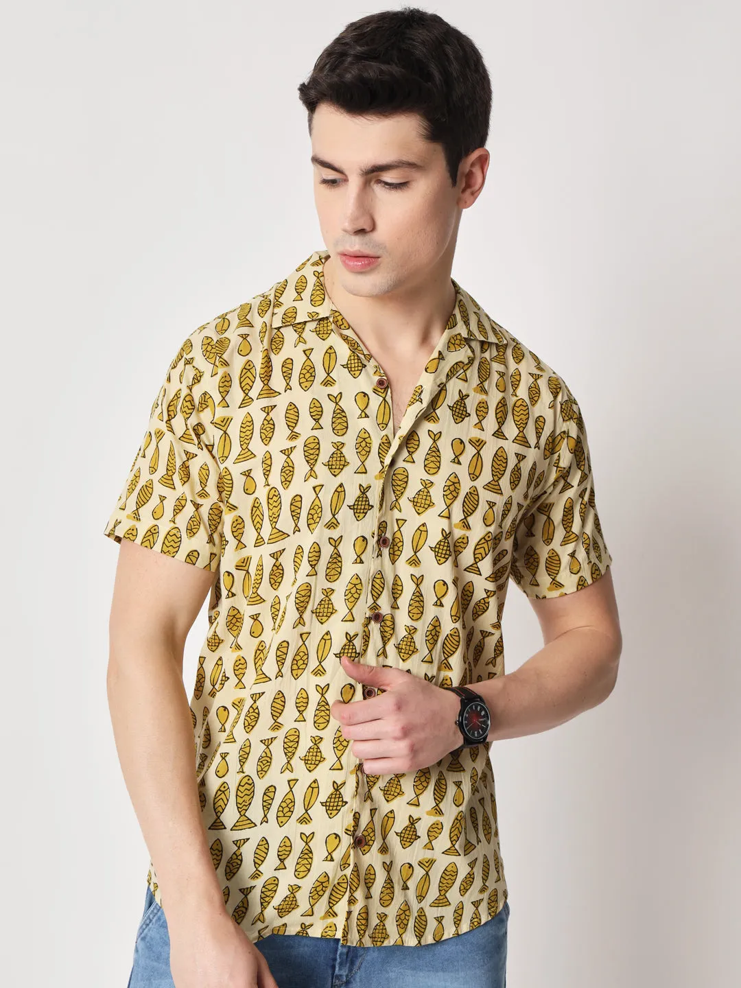 Firangi Yarn 100% Jaipuri Cotton Mustard Animal Pattern Cuban Collar Resort, Lounge Casual Shirt Yellow/Mustard