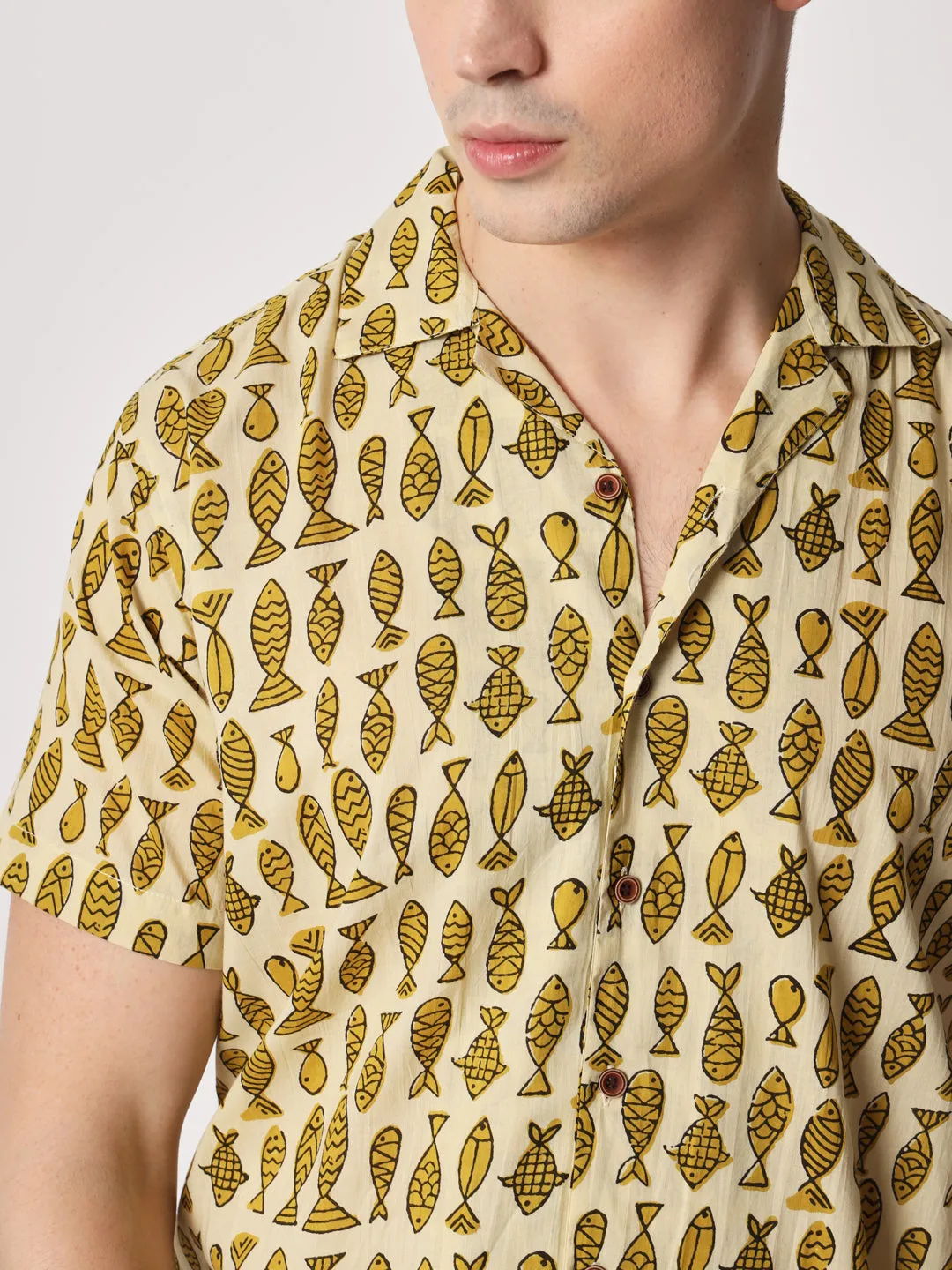 Firangi Yarn 100% Jaipuri Cotton Mustard Animal Pattern Cuban Collar Resort, Lounge Casual Shirt Yellow/Mustard