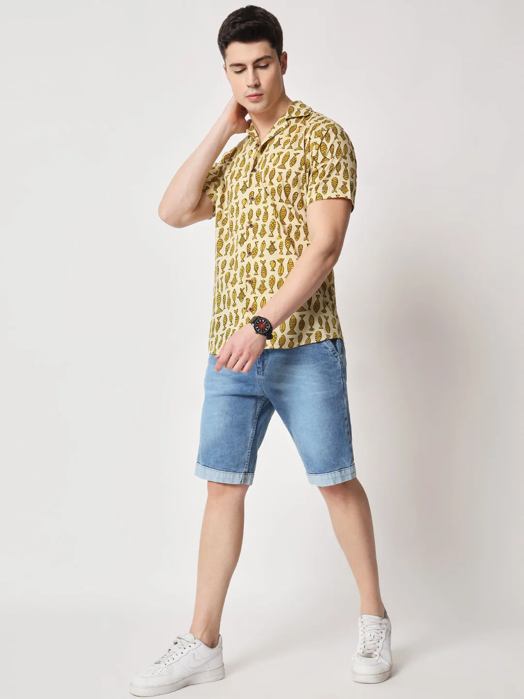 Firangi Yarn 100% Jaipuri Cotton Mustard Animal Pattern Cuban Collar Resort, Lounge Casual Shirt Yellow/Mustard