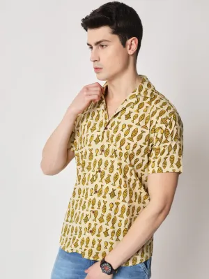 Firangi Yarn 100% Jaipuri Cotton Mustard Animal Pattern Cuban Collar Resort, Lounge Casual Shirt Yellow/Mustard