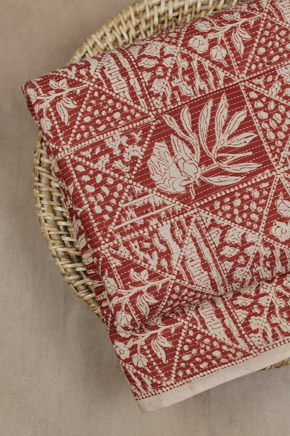 Floral Pattern on Maroon Kantha Stitch Bagru Cotton Fabric