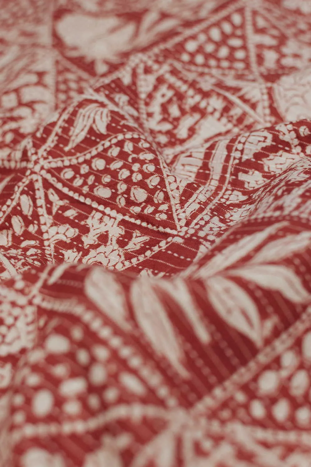 Floral Pattern on Maroon Kantha Stitch Bagru Cotton Fabric