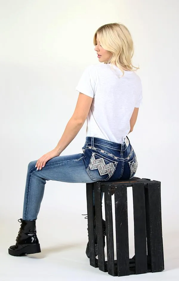GRACE IN LA CHEVRON EMBELLISHED MID RISE SKINNY DENIM  JEANS STYLE EN-81515