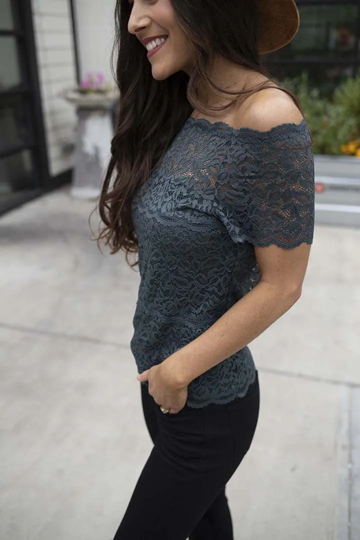 Haelyn Lace Scalloped Off Shoulder Top - Dark Teal