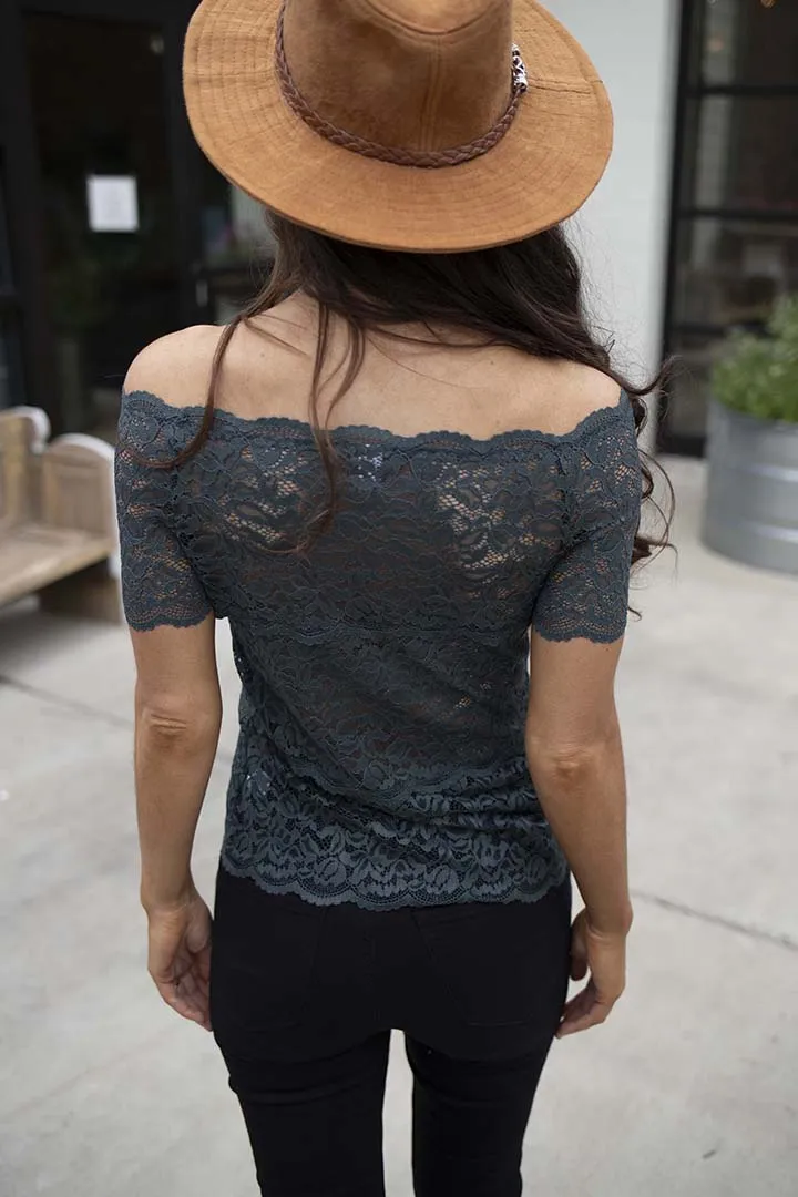 Haelyn Lace Scalloped Off Shoulder Top - Dark Teal