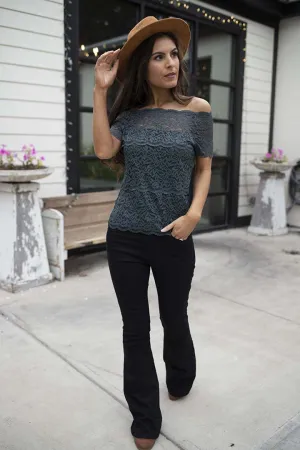 Haelyn Lace Scalloped Off Shoulder Top - Dark Teal