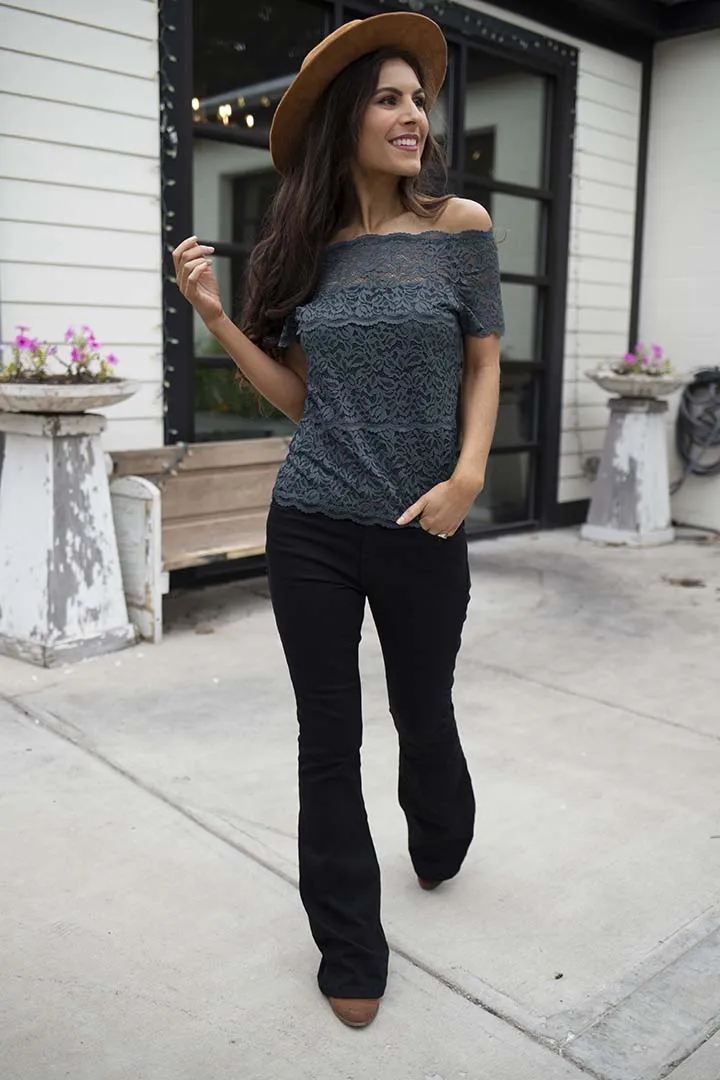Haelyn Lace Scalloped Off Shoulder Top - Dark Teal