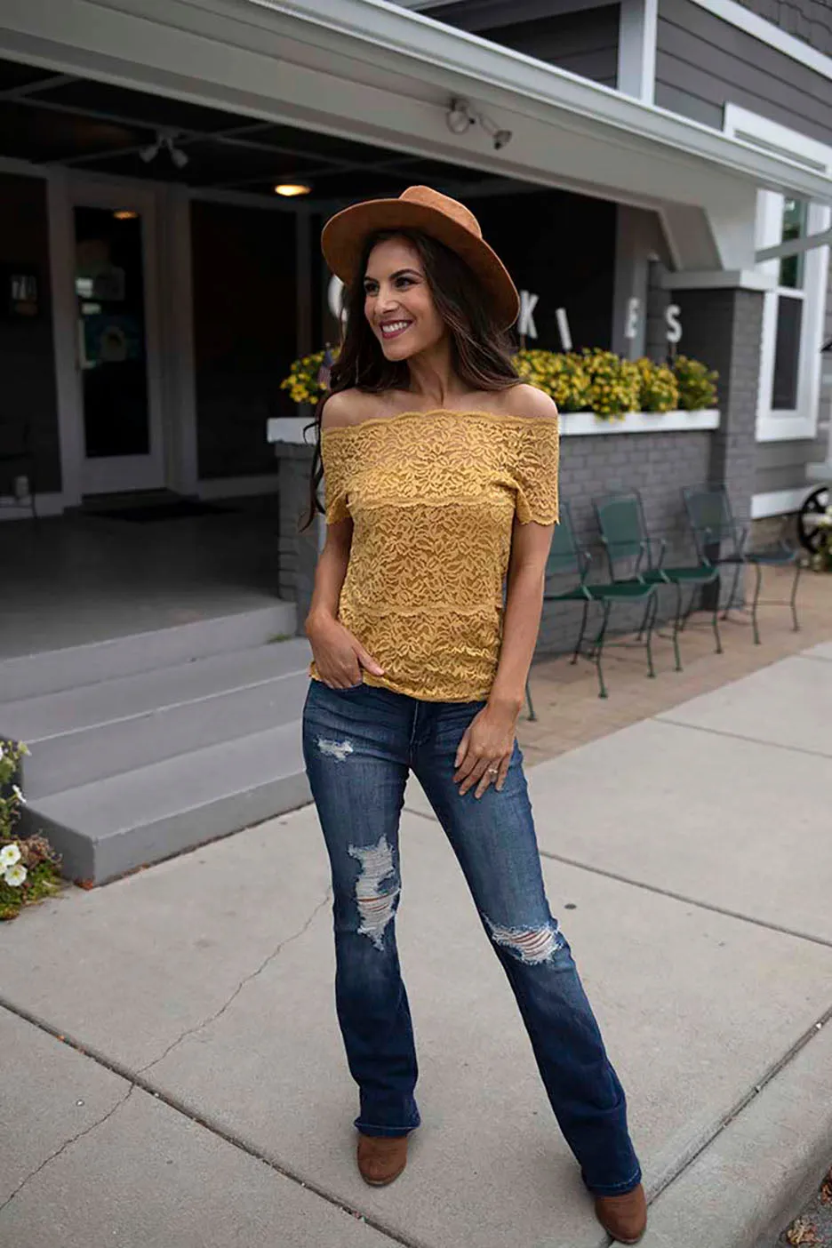 Haelyn Lace Scalloped Off Shoulder Top - Mustard