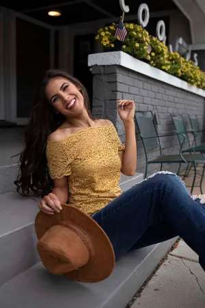 Haelyn Lace Scalloped Off Shoulder Top - Mustard