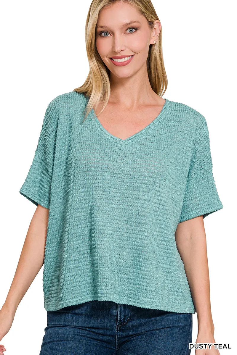 Jacquard Popcorn V-neck drop shoulder
