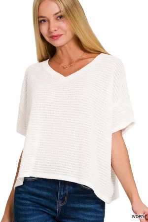 Jacquard Popcorn V-neck drop shoulder