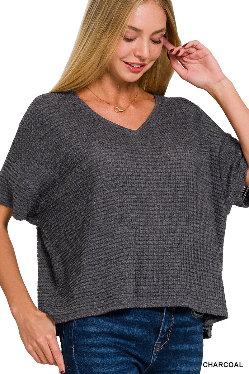 Jacquard Popcorn V-neck drop shoulder