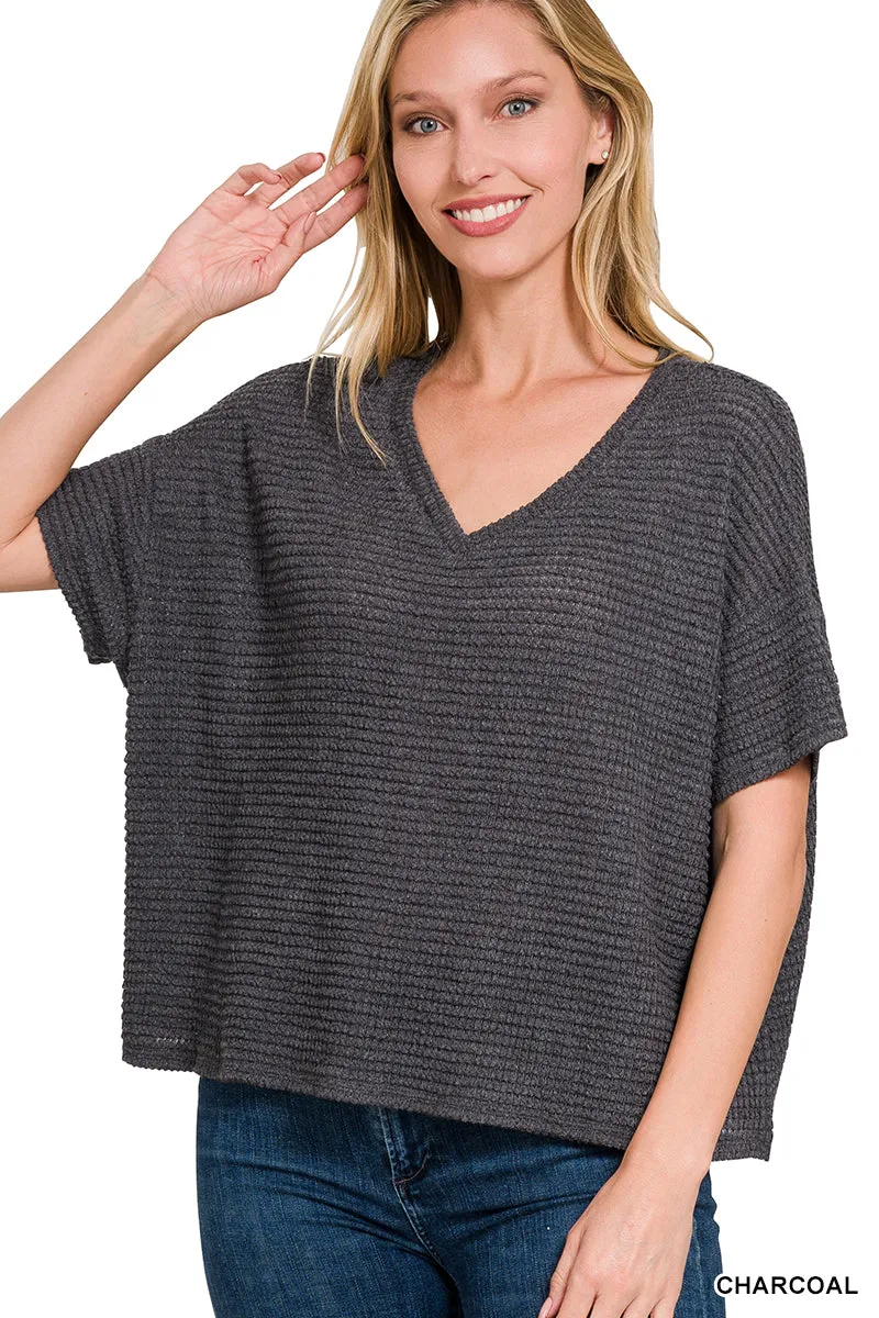 Jacquard Popcorn V-neck drop shoulder