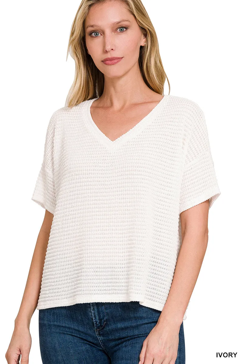 Jacquard Popcorn V-neck drop shoulder