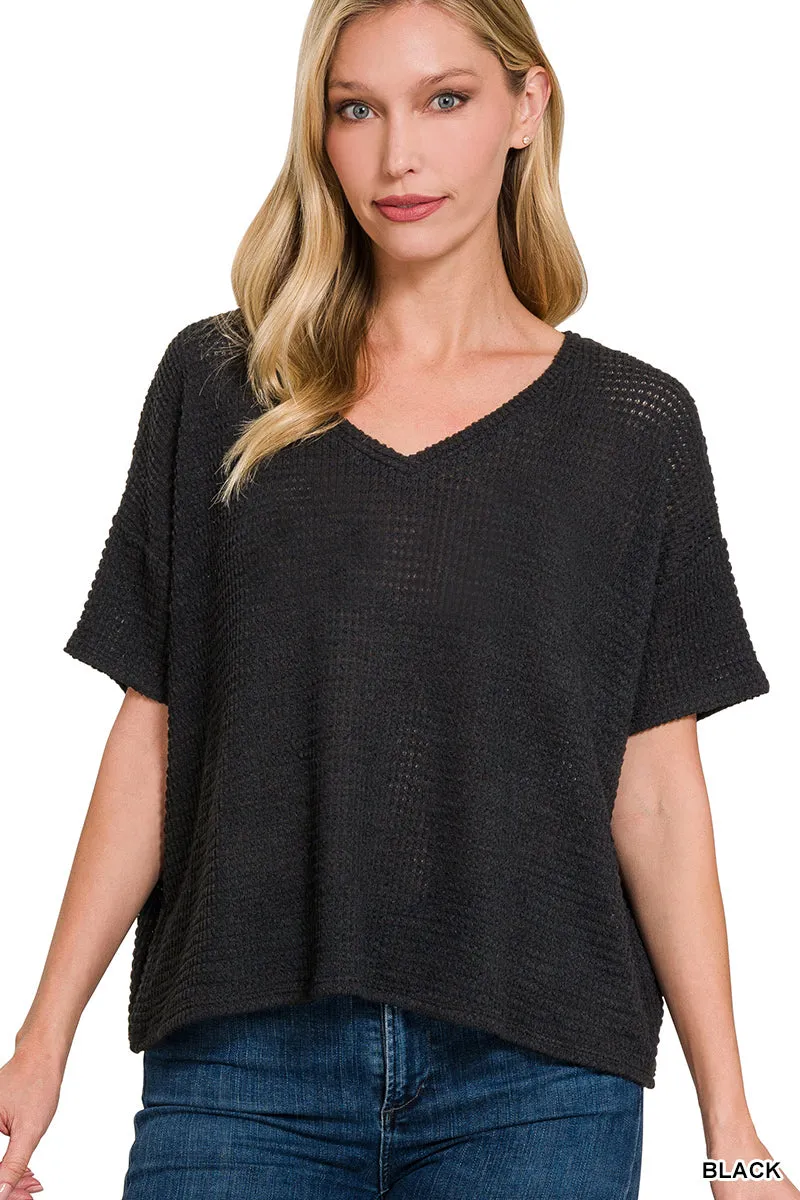 Jacquard Popcorn V-neck drop shoulder