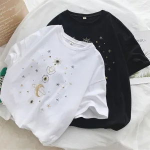 Kpopshop Originals - star embroidery korean Women Funny T-Shirts white Black Tops Female