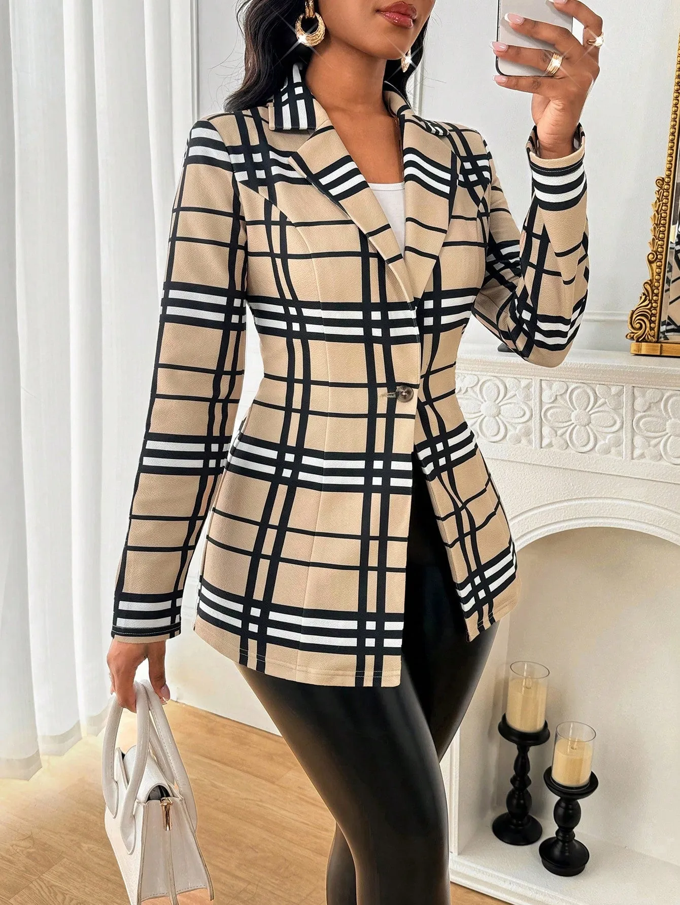 Lady Casual Large Plaid Lapel Neck Blazer For Commuting