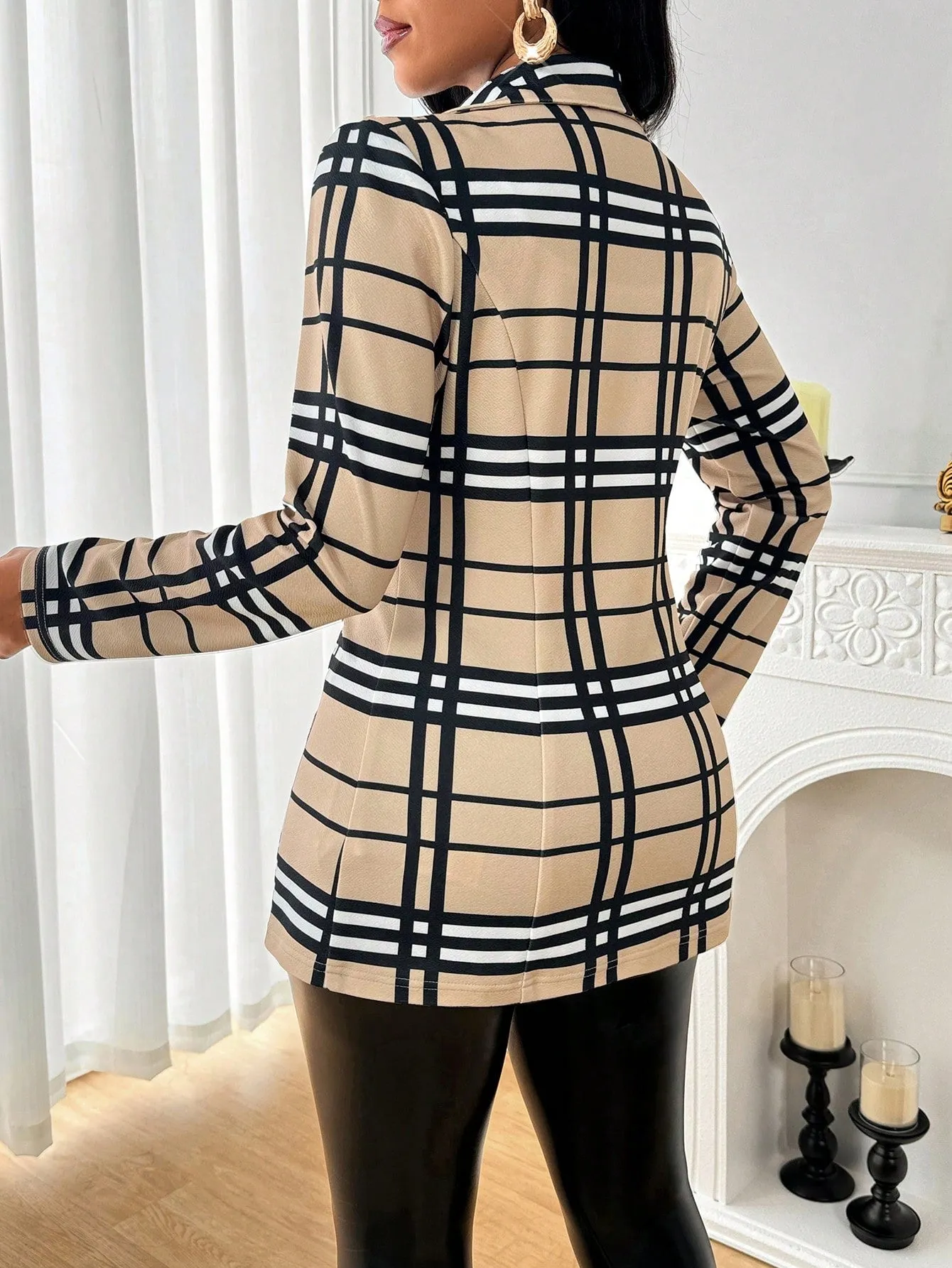 Lady Casual Large Plaid Lapel Neck Blazer For Commuting