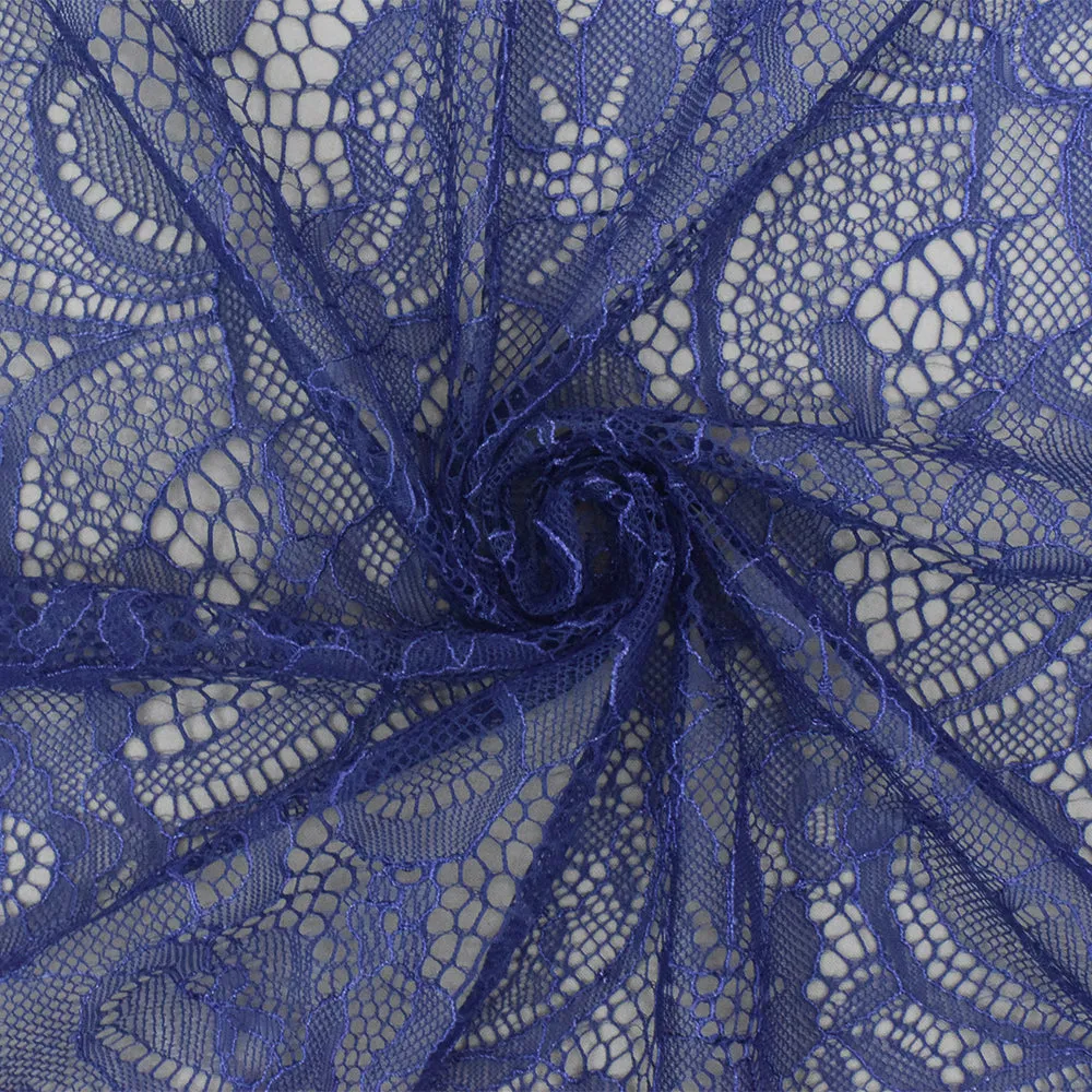 Magical Blue Floral Nylon Raschel Lace Knit Fabric