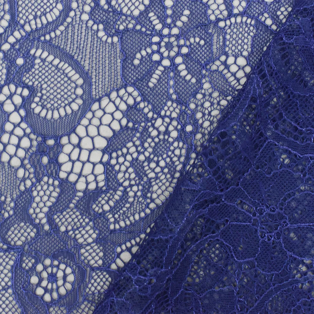 Magical Blue Floral Nylon Raschel Lace Knit Fabric