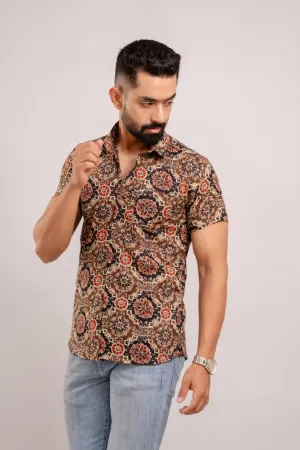 Men Brown Ethnic Printed Short Sleeves Casual Cotton Shirt