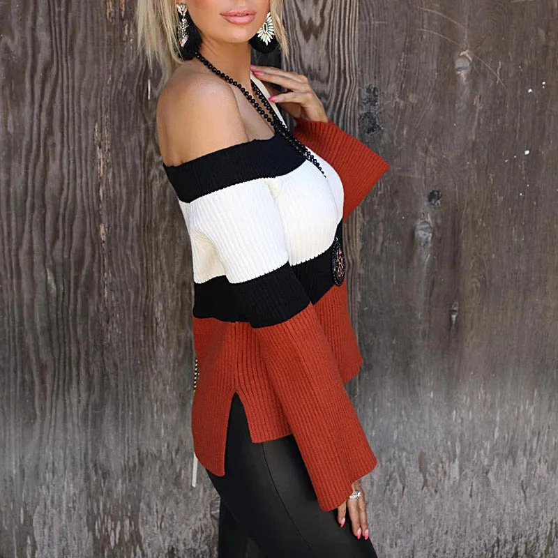 Off Shoulder Stripe Knitting Sweater Wholesale Women's Clothing Vendors
