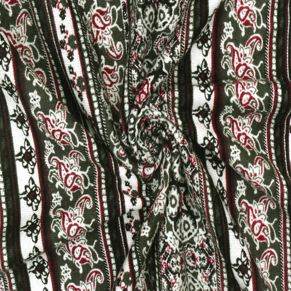 Olive-Multi Mix Pattern Stripe Printed Rayon Stretch Jersey Knit Fabric