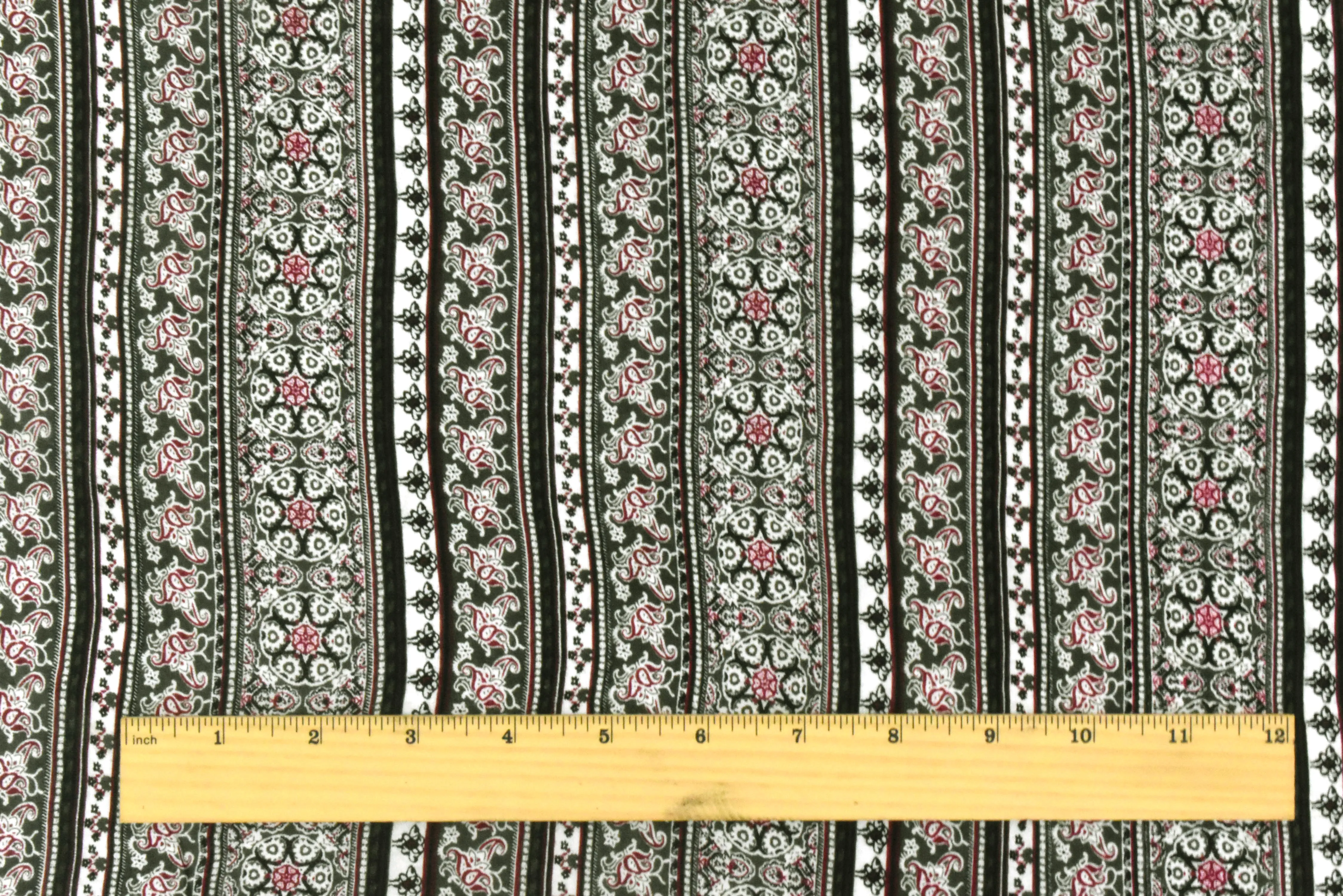 Olive-Multi Mix Pattern Stripe Printed Rayon Stretch Jersey Knit Fabric