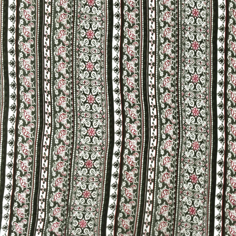 Olive-Multi Mix Pattern Stripe Printed Rayon Stretch Jersey Knit Fabric