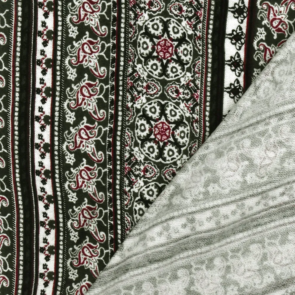 Olive-Multi Mix Pattern Stripe Printed Rayon Stretch Jersey Knit Fabric