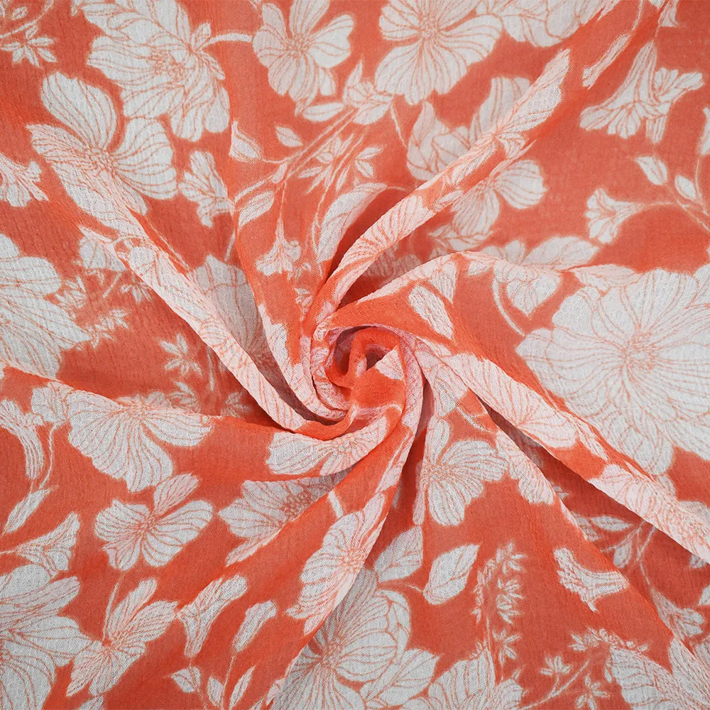 Orange-Ivory Floral Printed Poly Yoryu Chiffon Woven Fabric