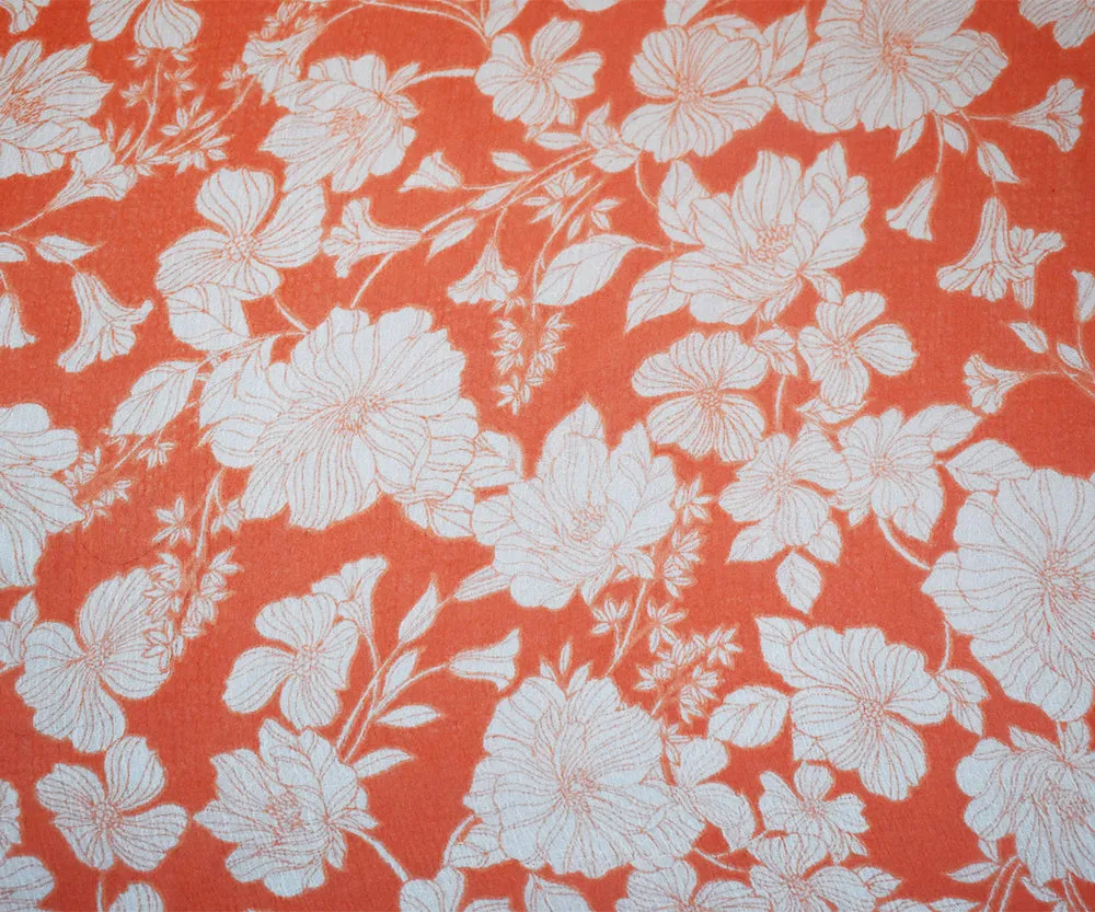 Orange-Ivory Floral Printed Poly Yoryu Chiffon Woven Fabric