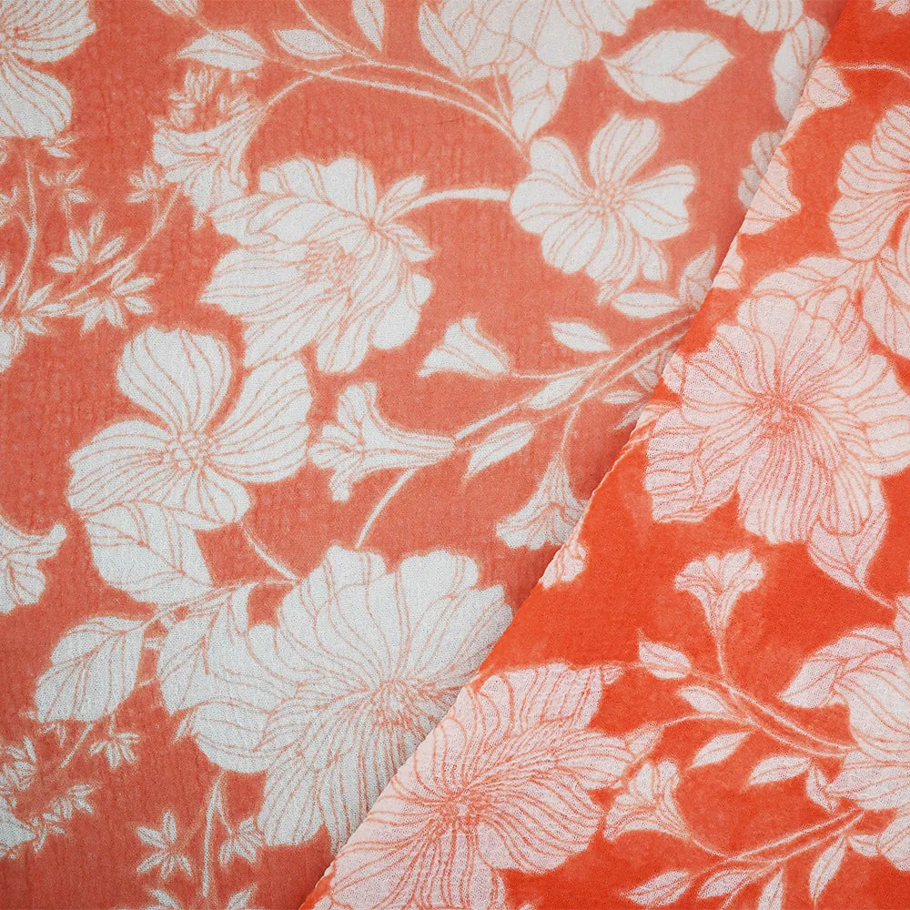 Orange-Ivory Floral Printed Poly Yoryu Chiffon Woven Fabric