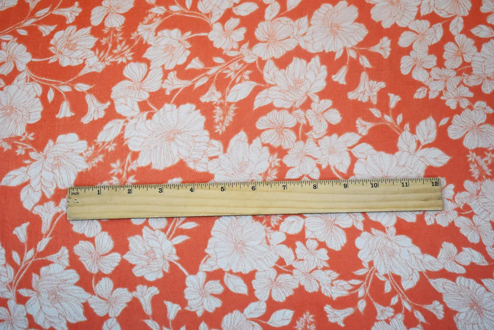 Orange-Ivory Floral Printed Poly Yoryu Chiffon Woven Fabric