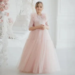 Pink Feather V-Back Flower Girl Gown