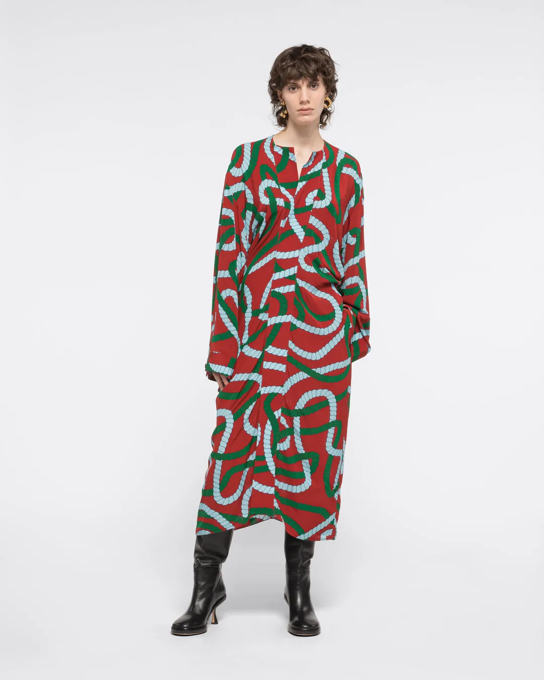 PRINTED DRAPED MIDI DRESS - BRICK CORD