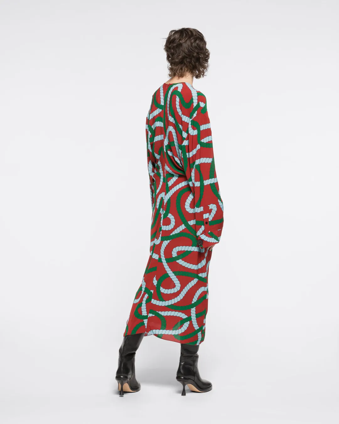 PRINTED DRAPED MIDI DRESS - BRICK CORD