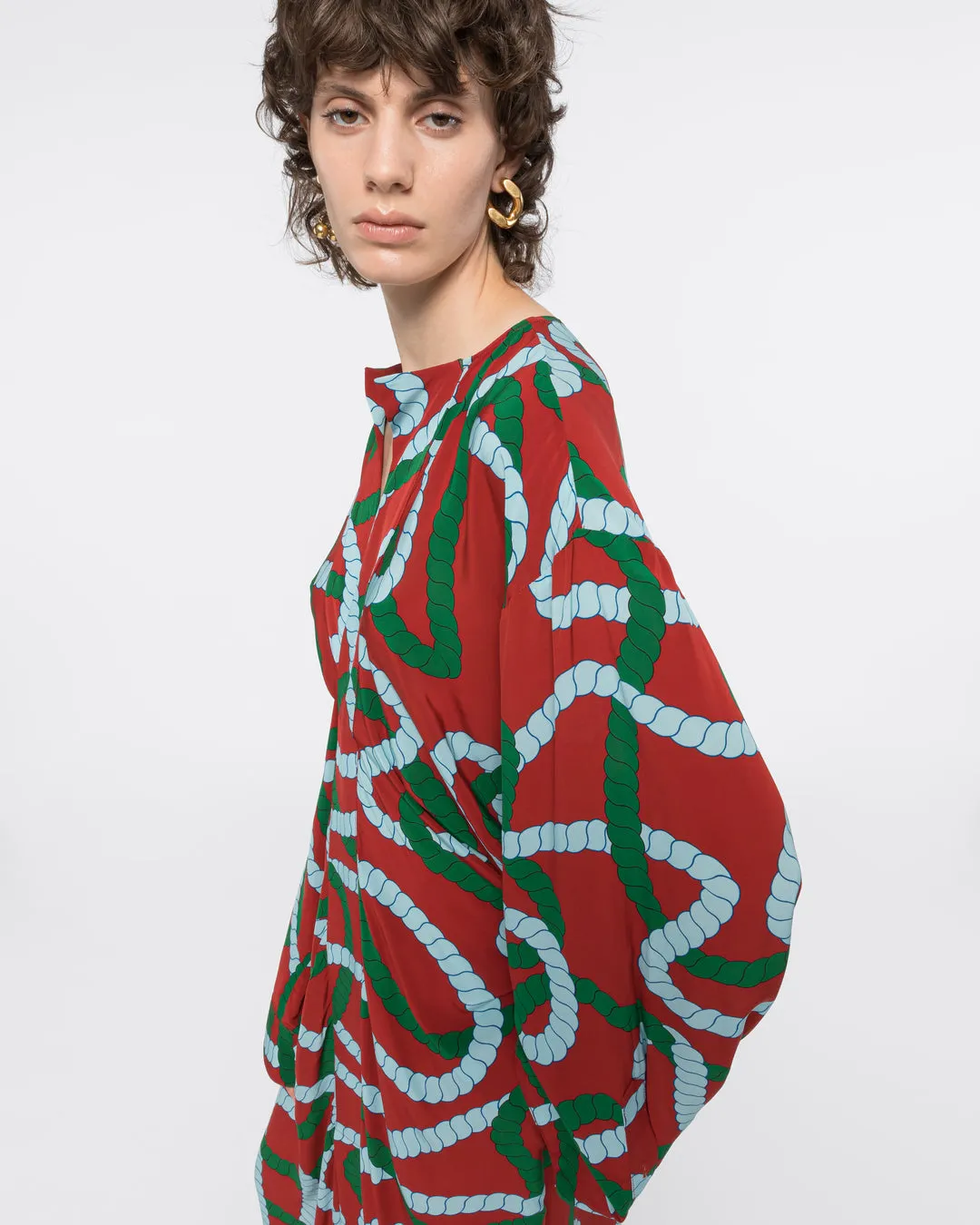 PRINTED DRAPED MIDI DRESS - BRICK CORD
